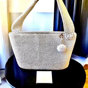 Vintage White Beaded Handbag Top Zipper Carry Strap with Mirror Bead Pull